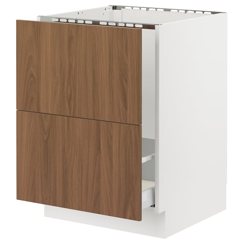 Walnut-colored cabinet with two drawers on left, white frame, modern design.