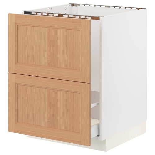 SEKTION kitchen cabinet with oak drawers in white frame.