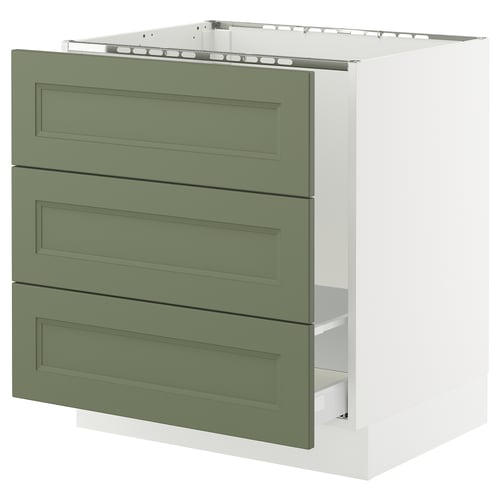 SEKTION kitchen cabinet with 3 grey-green drawers, modern classic design.