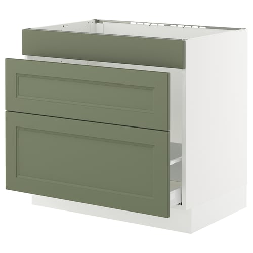 Modern kitchen cabinet in olive green and white; two high drawers, framed design.