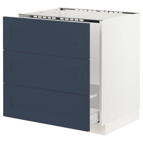 SEKTION kitchen cabinet - blue with 3 drawers, modern design, sturdy, white frame.