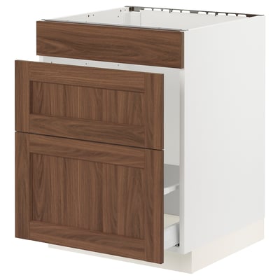 SEKTION / MAXIMERA Base cab f sink/waste sort/3 fronts, white Enköping/brown walnut effect, 24x24x30 "