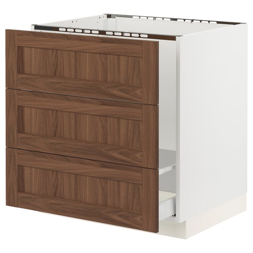 Walnut cabinet with three drawers, white frame, horizontal grain.