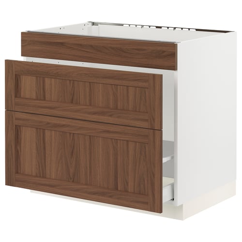 SEKTION kitchen cabinet in white and brown wood finish, rectangle, with wooden panel design and drawer.