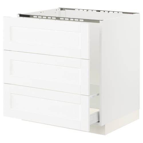 White SEKTION kitchen cabinet with three drawers, sleek modern design.