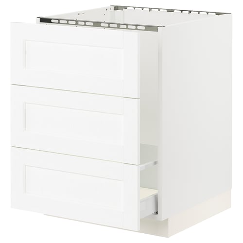 SEKTION kitchen cabinet in white with three drawers and a shelf. Modern design with smooth, flat surfaces.