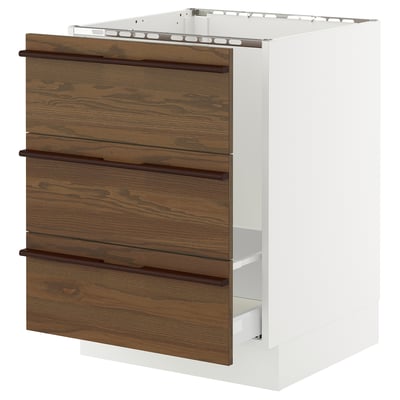 SEKTION / MAXIMERA Base cab f sink/waste sort/3 fronts, white/Stensta dark brown ash veneer, 24x24x30 "