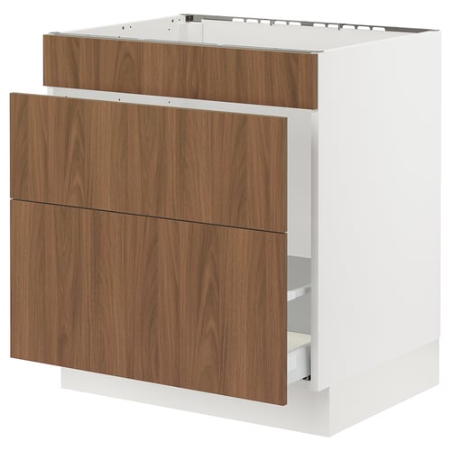 SEKTION kitchen cabinet with walnut drawers, sleek fronts, white base.