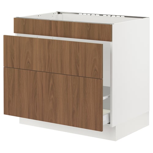 SEKTION kitchen cabinet, walnut-brown fronts, white base, rectangular, modern design.