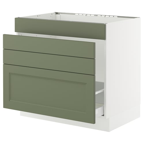 SEKTION kitchen cabinet, off-white with green-gray drawers, modern design.