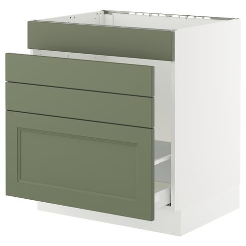 SEKTION kitchen cabinet in grey-green with green drawers and doors, rectangular shape, sturdy frame.