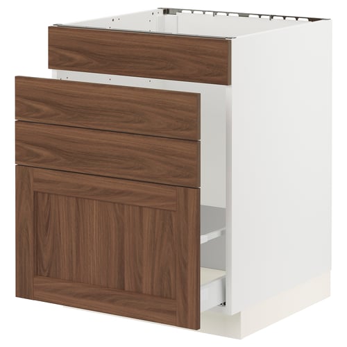 SEKTION kitchen cabinet, white with walnut brown drawers, rectangular.