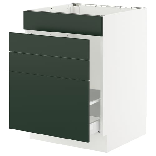 SEKTION white kitchen cabinet with dark green drawers. Modern and sleek design with smooth drawer fronts.