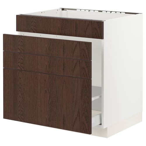 SEKTION kitchen cabinet, dark brown wood, 4 drawers, white frame.