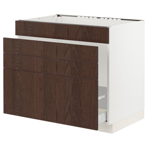 SEKTION kitchen cabinet in dark brown wood with white frame and four drawers.