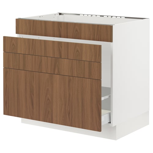 SEKTION white kitchen unit with walnut drawers, modern design.