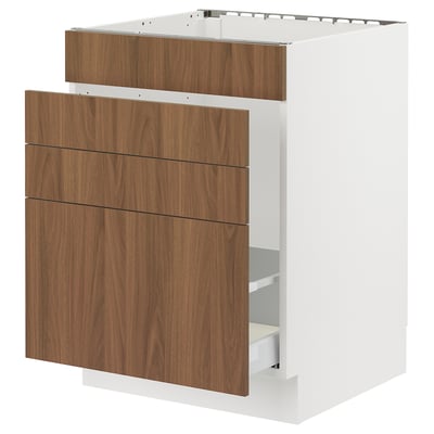 SEKTION / MAXIMERA Base cab f sink/waste sort/4 fronts, white/Tistorp brown walnut effect, 24x24x30 "