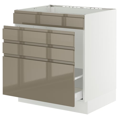 Modern kitchen cabinet, SEKTION, high gloss dark grey-brown, metal handles, sleek design.