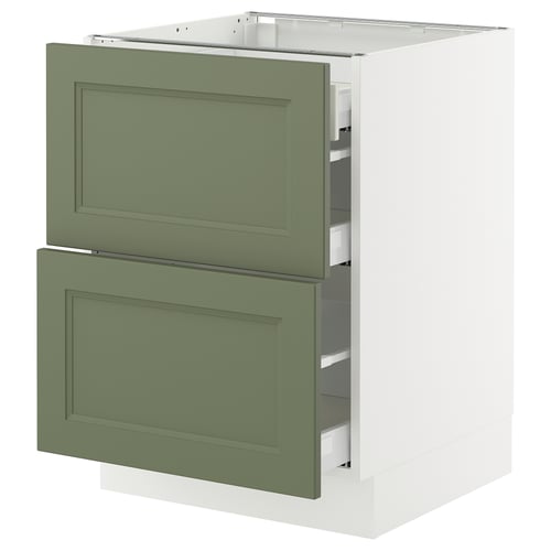 SEKTION kitchen cabinet in green-gray with two drawers, modern design, white base.