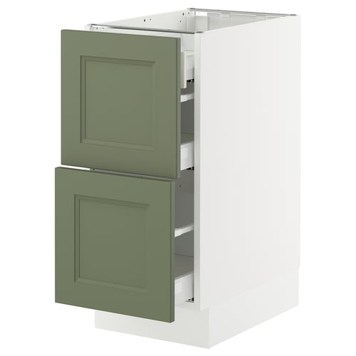 Ikea SEKTION kitchen cabinet in green, white with drawers.