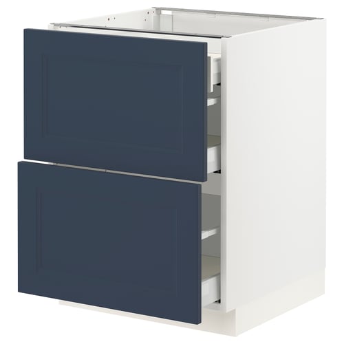 SEKTION kitchen with blue doors and white base, featuring full-extension drawers.