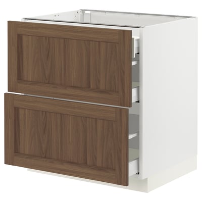 SEKTION kitchen cabinet, white with walnut drawers, wood finish, rectangular, modern design.