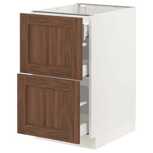 SEKTION kitchen cabinet in white with brown wooden front, two drawers.