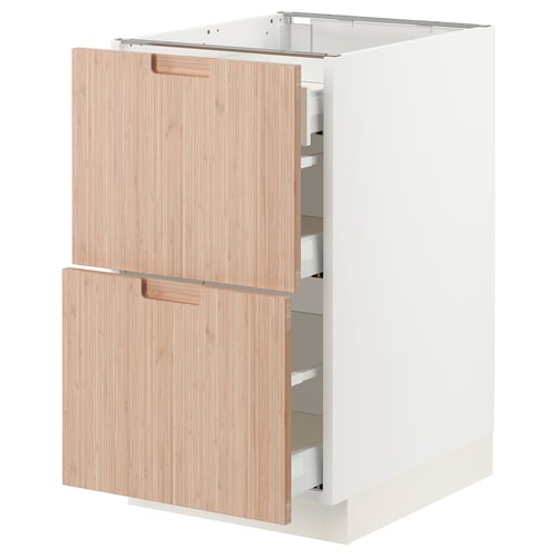 SEKTION kitchen cabinet in white with natural bamboo drawers, sleek design, two open drawers revealing metal runners.