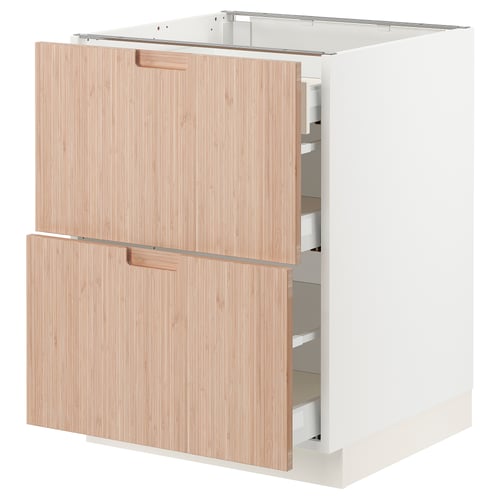 Modern kitchen cabinet with light wooden drawers, sleek handles, and white frame.