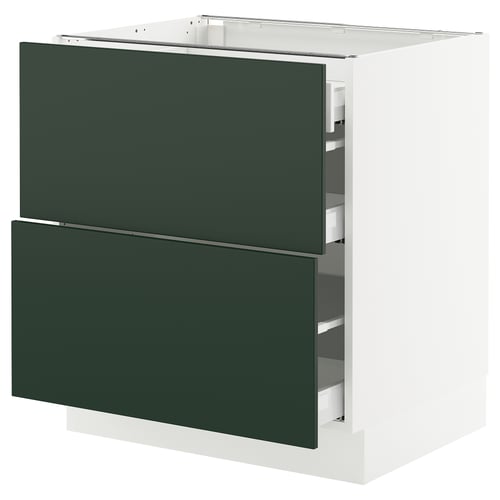 An ikea SEKTION kitchen cabinet in green with two drawers. It a white frame and green drawer fronts. The cabinet is rectangular with a sleek design.