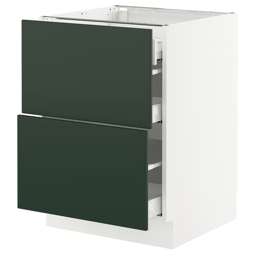 An ikea SEKTION kitchen cabinet in white with dark green drawers, featuring a sleek modern design with smooth-running drawers.