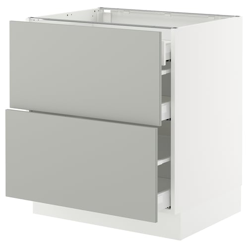 Modern grey kitchen cabinet with two drawers, sleek design, metal runners.
