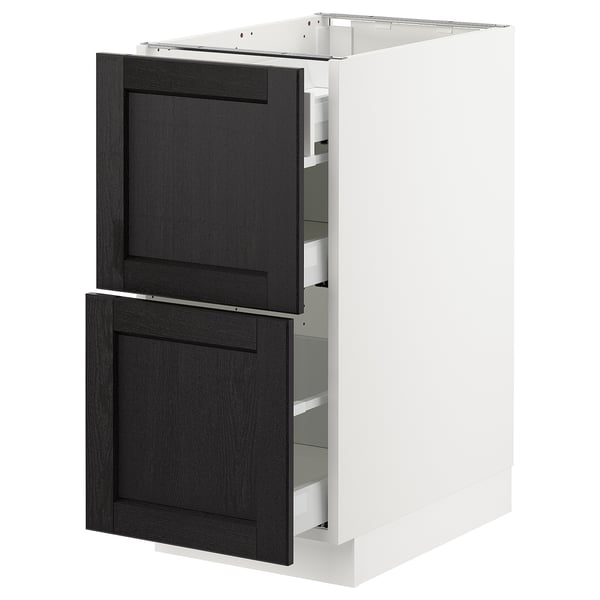 SEKTION kitchen cabinet with dark grey stained wood, white base, and two drawers.