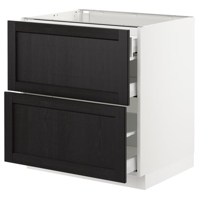 Modern kitchen cabinet, white, dark wood drawers, rectangular, with full-extension drawers.