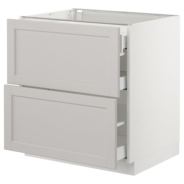SEKTION kitchen cabinet, light grey with two open drawers, white interior, rectangular shape.