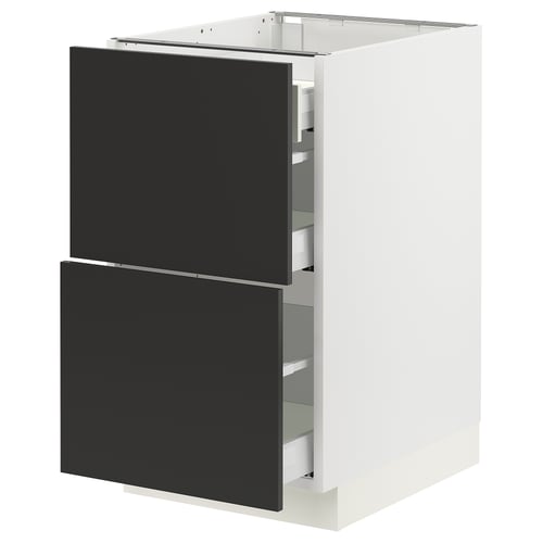SEKTION white kitchen cabinet with black drawers, sleek modern design, full-extension drawers.