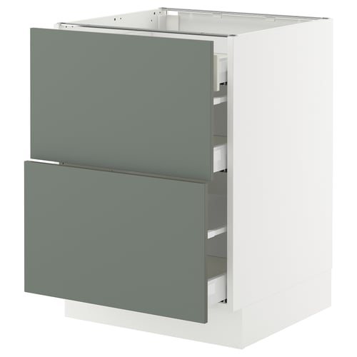 Displays a modern kitchen cabinet in white with gray-green drawers, featuring a sleek, minimalist design and sturdy construction.