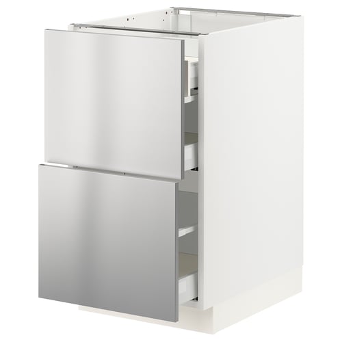Modern stainless steel cabinet with two drawers.