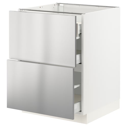 A white SEKTION kitchen cabinet with stainless-steel drawers, featuring a sleek, modern design.