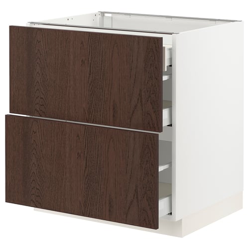 SEKTION kitchen cabinet with dark brown sinarp fronts, white base, and oak veneer drawers.