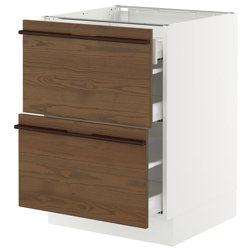 SEKTION kitchen cabinet in white with dark brown wooden drawers, featuring sleek handles and a modern design.