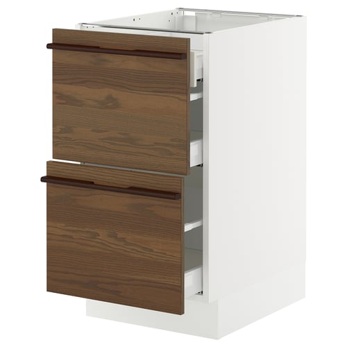 SEKTION kitchen cabinet, white & brown, wooden handles, two drawers, modern design.