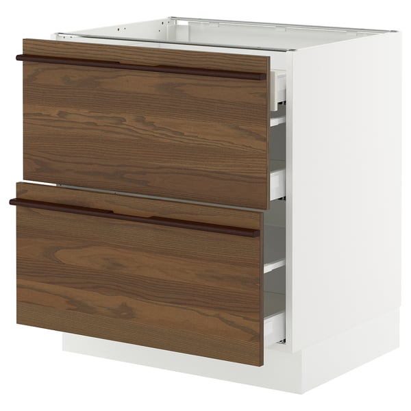 SEKTION / MAXIMERA Base cab with 2 fronts/3 drawers, white/Stensta dark brown ash veneer, 30x24x30 "