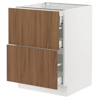 SEKTION / MAXIMERA Base cab with 2 fronts/3 drawers, white/Tistorp brown walnut effect, 24x24x30 "