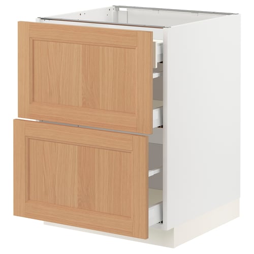 An open white SEKTION kitchen cabinet with two light oak drawers and a wooden panel door.