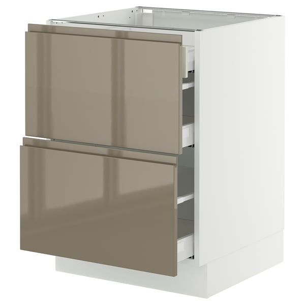 SEKTION / MAXIMERA Base cab with 2 fronts/3 drawers, white/Voxtorp high-gloss dark grey-brown, 24x24x30 "