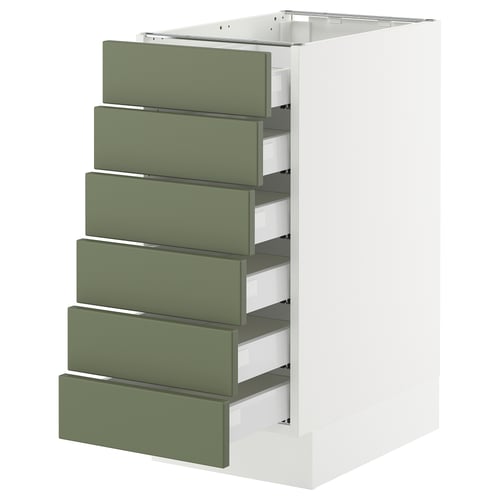 The SEKTION kitchen cabinet with six gray-green axstad drawers. It a sleek, modern design with a sturdy white base, ideal for organised storage.