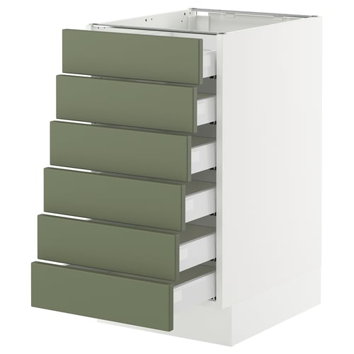 SEKTION kitchen cabinet, grey-green, six drawers, slim design, white frame, modern.