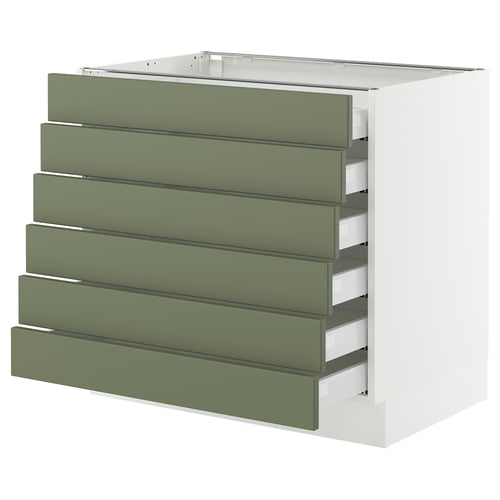 Ikea SEKTION kitchen unit, grey-green, five drawers, cuboid shape, modern design.