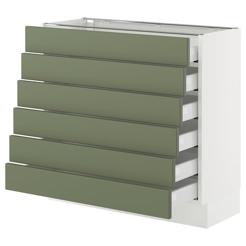 Modern olive-green, 6-drawer kitchen unit with sleek handles and white frame.